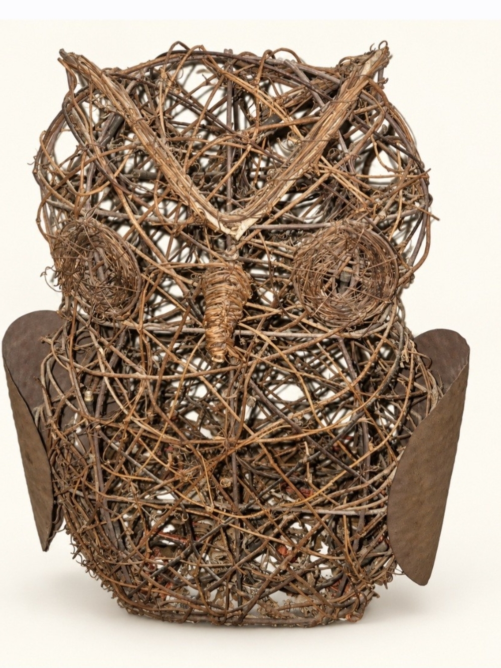 Vintage Rattan Vine Owl Boho Rustic Country Home Decor Tin Wings 14 inch